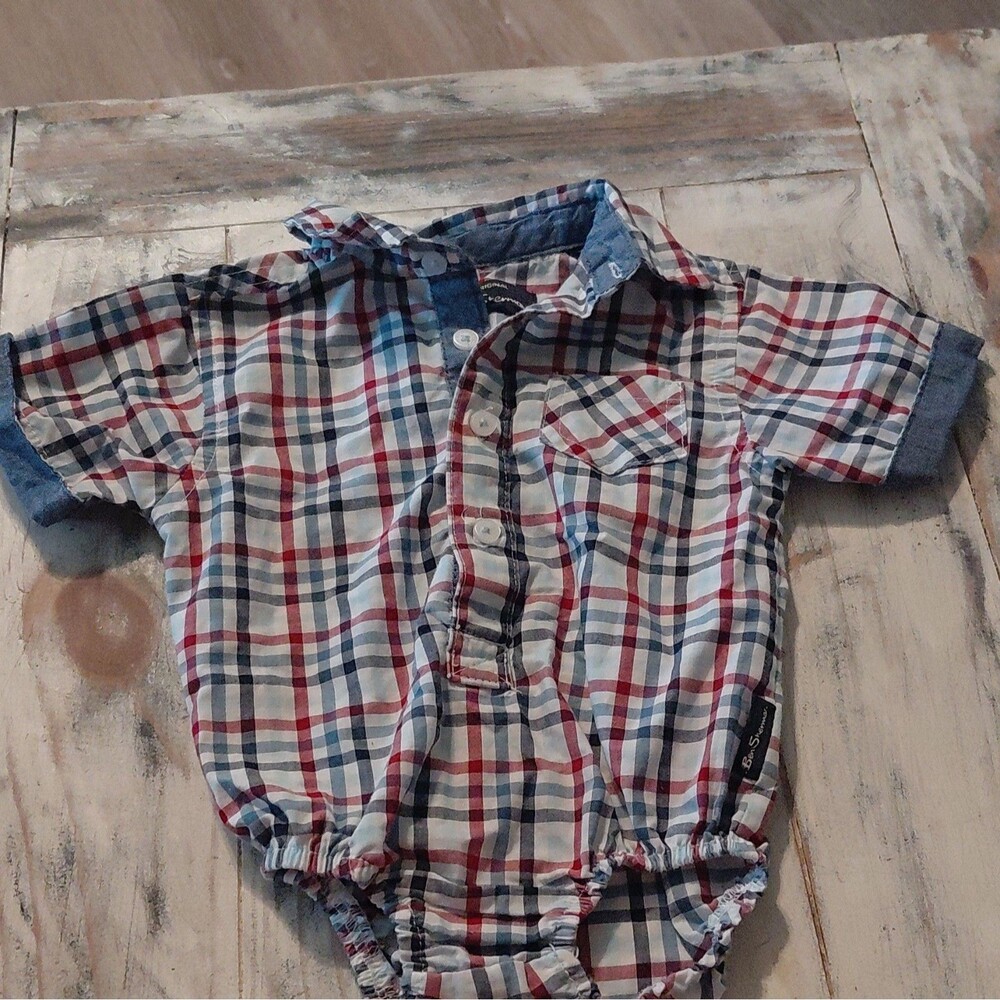 Ben Sherman Plaid Collared Short Sleeve Romper One-Piece 6/9M Red Blue White